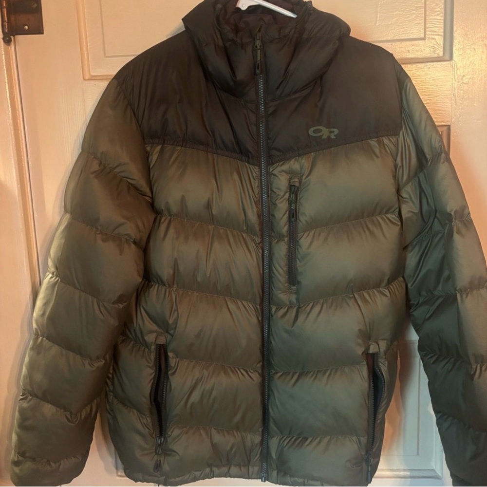 Outdoor Research Transcendent Green Hooded Puffer Mens Large GC